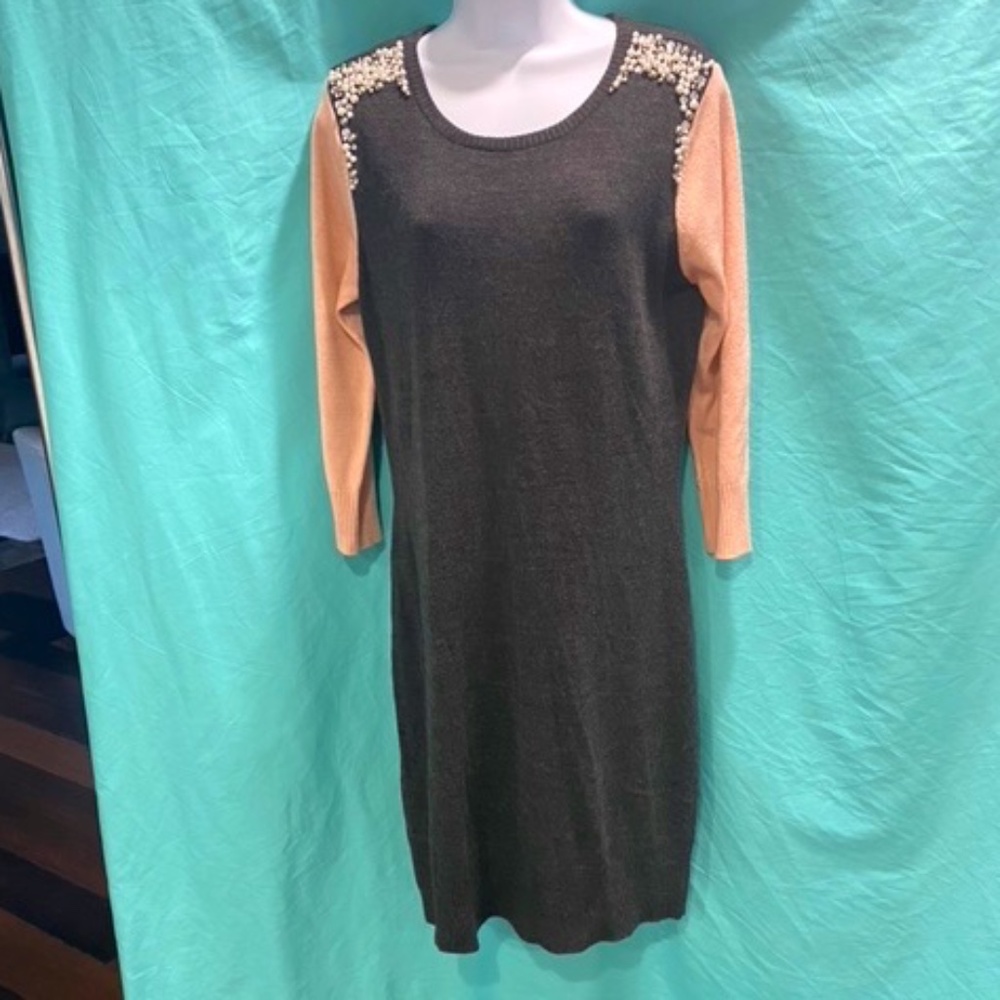 Grey and Pink Sweater Dress with Pearls and Rhinestone Accents